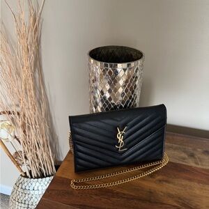 Yves Saint Laurent Black Chevron Leather Cassandre Envelope Chain Wallet